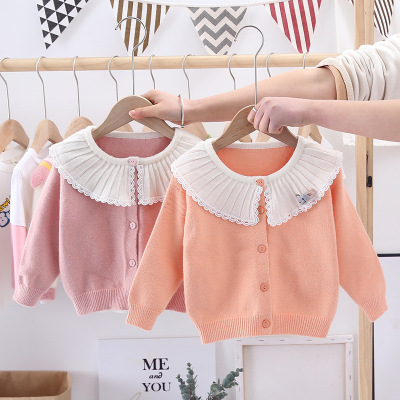 Baroujia Kids Korean Style Kids' Sweater New 2021 Spring Girl's Cardigan Solid Color Fan Collar One Piece Dropshipping