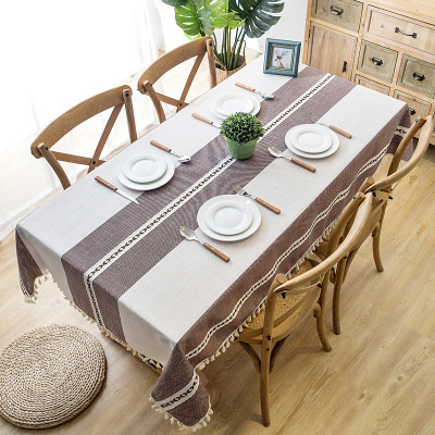 New Ins Nordic Waterproof Jacquard Imitation Cotton and Linen Embroidery Tassel Lace Rectangular Dining Table Tablecloth Tablecloth