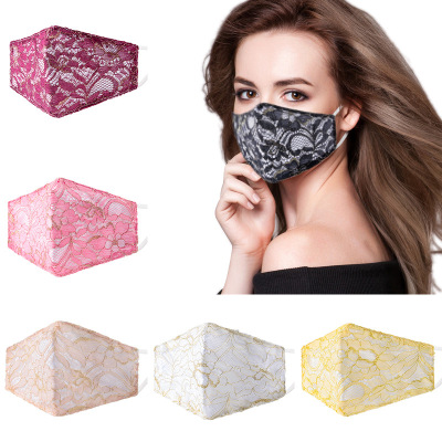 Black Three-Dimensional Lace Mask Summer Dustproof and Sun Protection Washable Ear-Mounted Three-Layer Cotton Mask