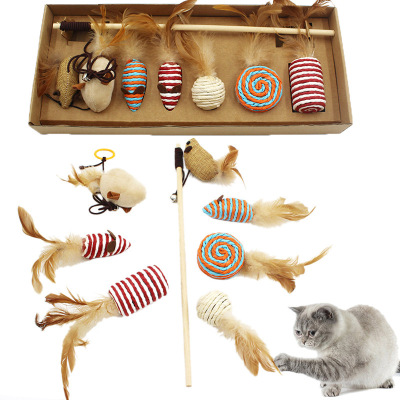 Amazon Cross-Border Hot Selling Cat Toy Set Wooden Pole Cat Teaser Feather Mouse Funny Cat Pet Toy