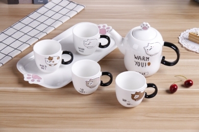 Cartoon Cat Cold Water Pot Set (White) Internet Celebrity Live Hot Ceramic Cup Gift Cup Tea Cup