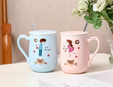 Personalized Cartoon Couple's Cups Internet Celebrity Live Hot Ceramic Cup Gift Cup Teacup Water Cup with Cover