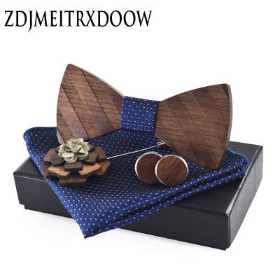 Classic Wooden Bow Tie Suit Square Scarf Cufflinks Brooch Set Clothing Accessories Wedding Stripes Wooden Tie