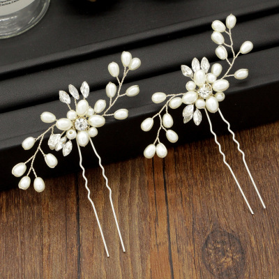 Ebay Cross-Border Supply Korean Bridal Handmade Pearl Crystal Hairpin Pin U-Clips Wedding Headdress