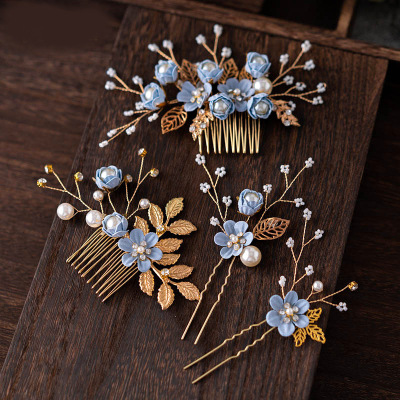 Bridal Headdress Mori Fairy Beautiful Light Blue Pink White Flower Hair Comb Hairpin Korean Style Wedding Dress Formal Dress Accessories