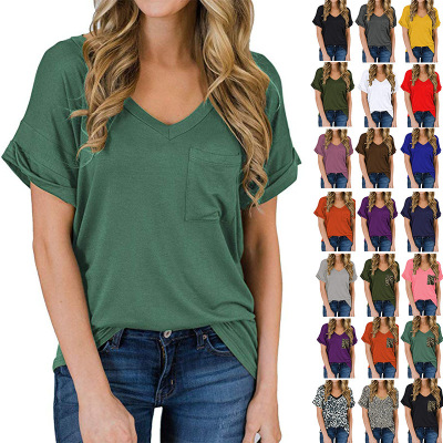Amazon Women's 2021 Spring and Summer V-neck Pocket T-shirt Cross-Border European and American Curling Short Sleeve Loose Top