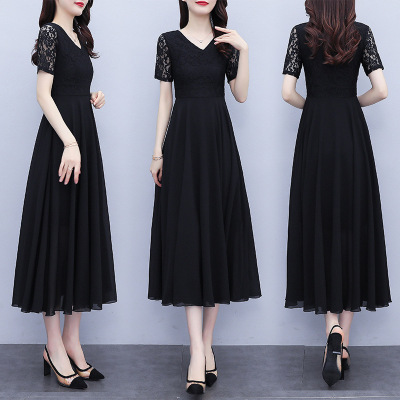 Chiffon Dress for Women 2021 Summer New Large Size Women's Clothing V-neck Hollow Temperament Slimming Fat Sister Midi Dress