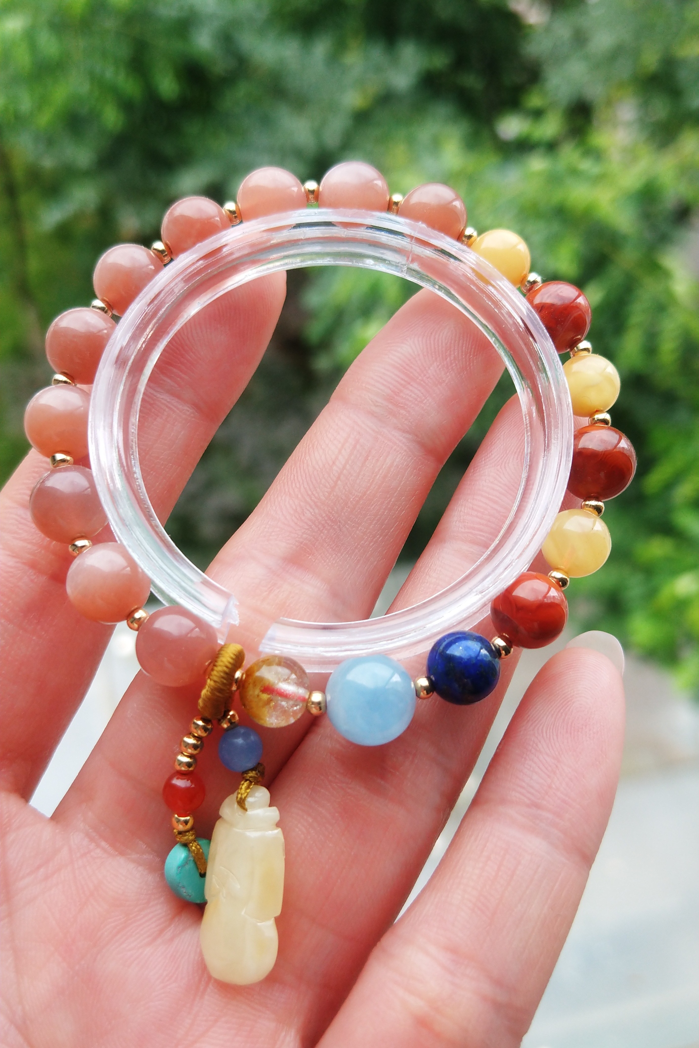 原创手串天然水晶太阳石多宝手链搭配蜜蜡南红青金石绿松石配饰