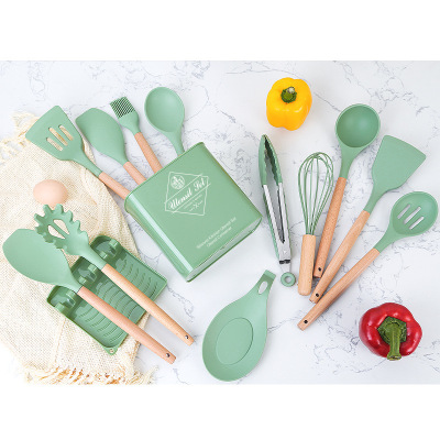 Wooden Handle Silicone Kitchenware 12-Piece Set with Storage Bucket Kitchen Tools Silicone Kitchenware Set Cooking Ladel