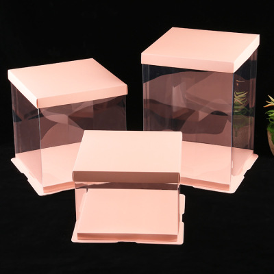 Pink 8-Inch Transparent Cake Box Three-in-One Cake Box 4-Inch 6-Inch 14-Inch Birthday Transparent Cake Box Spot