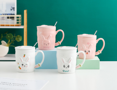 New Cartoon Little Bunny Cup Ceramic Cup Female Cute Mug Office Coffee Cup with Cover Spoon Gift