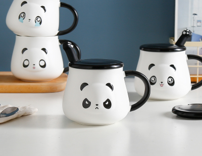 Creative Cute Cartoon Panda Ceramic Cup with Cover Spoon Adorable Big Belly Mug Breakfast Milk Coffee Cup