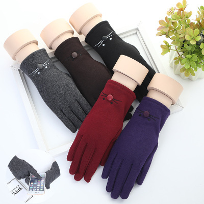 New Women's Spun Velvet Gloves Winter Embroidery Touch Screen Gloves Warm Cold-Resistant Windproof Gloves