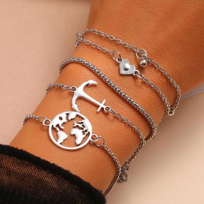 Cross-Border Hot Selling Popular Personalized Creative Bracelet European and American Fashion Minimalist Chain Love Earth Bell 5-Piece Set