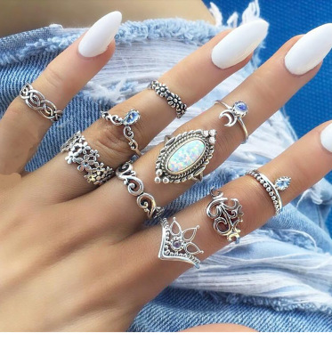 Exclusive for Cross-Border European and American Retro Opal Diamond Crescent 10-Piece Set Knuckle Ring Combination Set