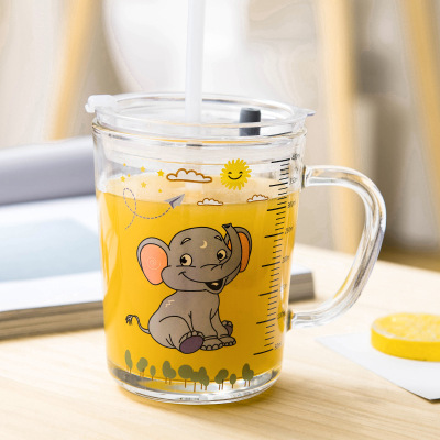 Internet Celebrity Handle Glass Water Cup Ins Graduated Glass Milk Cup Creative Straw Glass Cup Children Household Cups