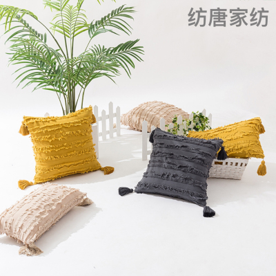 Four-Corner Tassel Cotton and Linen Cut Flower Amazon New Hot Selling American Country Morocco Pillow Cover Simple Solid Color