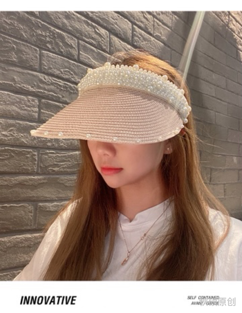 手工珍珠空顶帽女夏季ins时尚休闲遮阳沙滩草帽防晒无顶发卡帽子