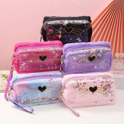 Factory Direct Supply Portable Cosmetic Bag Plush Cat Wang Zi Bag Creative Translucent Travel Storage Cosmetics Bag