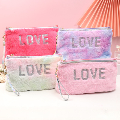 2021 New Plush Cosmetic Bag Women's Love Embroidered Hand Body Portable Women's Storage Bag Can Be Wholesale and Customized