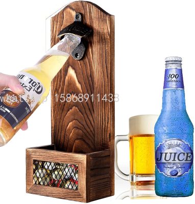 Wall Mounted Wooden Vintage Beer Bottle Opener with Iron Catcher Opener Tool for Kitchen, Bar, Yard Gifts for Men Beer