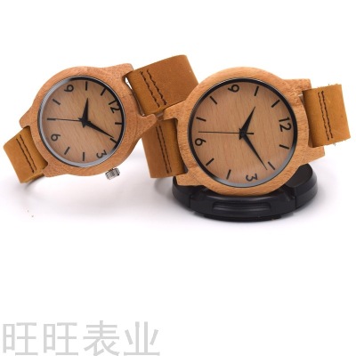 Wood Table Manufacturer Custom Logo Amazon Genuine Leather Strap Couple Wooden Bamboo Couple Quartz Ebony Watch