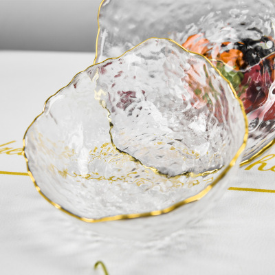 Internet Celebrity Clear Glass Bowl Salad Bowl Gold Rim Fruit Bowl Creative Japanese Tableware Hammer Patterned Tea Basin