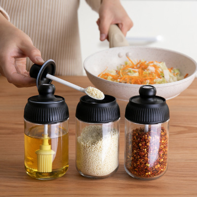 Glass Seasoning Bottle Kitchen Seasoning Box Sealed Moisture-Proof Seasoning Can Lid Spoon Salt Control Oil Pot Home Seasoning Can Set