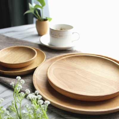 Factory Direct Sales Rubber Wood Solid Wood Various Sizes round Dish Creative Simple Dessert Wooden Plate Snack Plate