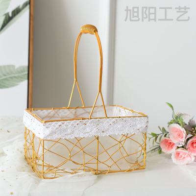 Large Rectangular Golden Iron Mesh Flower Basket Hand-Carrying Knitting Mixing Hand Gift Fruit Storage Basket Portable Basket Picnic Basket