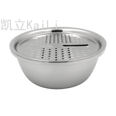 Stainless Steel Multi-Functional Thickened Vegetable Washing Bowl Kitchen Drain Basket Potato Slice Grater Practical Three-Piece Set