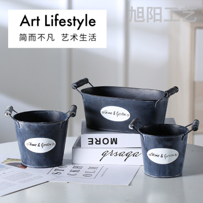 Retro Tin Flower Pot Second-Hand Black Color Oval Succulent Flower Pot Balcony Creative Wooden Handle Storage Pot