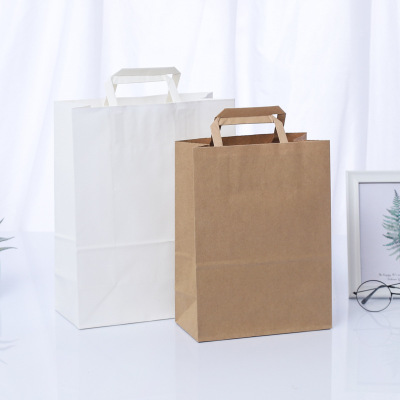 Factory Direct Sales Thick Portable Flat Rope Kraft Paper Bag Spot Customizable Food Packaging Paper Bag