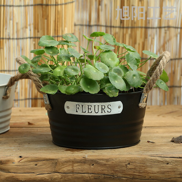北欧风麻绳把手铁皮桶花盆装饰干花鲜花桶工业风铁艺多肉花盆器