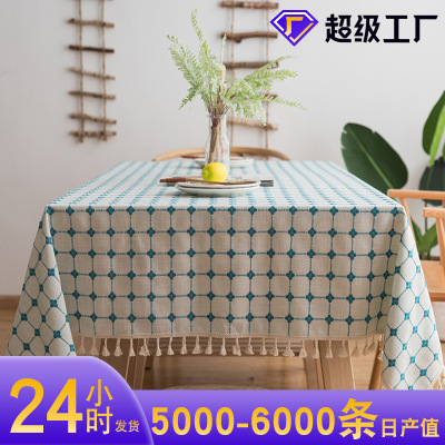 Cross-Border Picnic Tablecloth Color Matching Cotton and Linen Fabric Embroidery Large, Medium and Small Plaid Rectangular Coffee Table Mats Tablecloth Wholesale