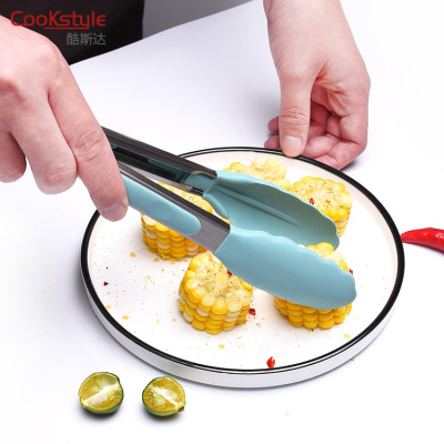 Coolstar Thickened Food Tong Made of Silica Gel 9-Inch Nordic Style Stainless Steel Handle Tongs Bread Steak BBQ Clamp