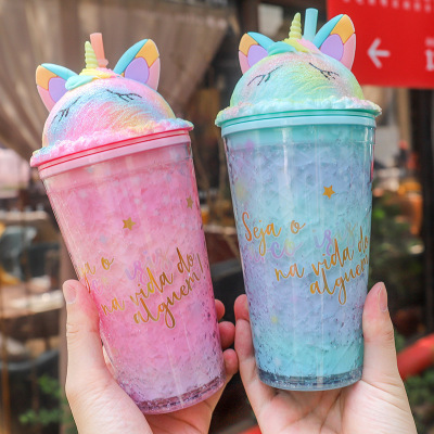 Creative Unicorn Double-Layer Plastic Cup Children Cartoon Straw Cup Pink Girl Heart Household Water Cup Student Cup