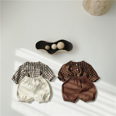 INS Children 'S Spring Clothes New Korean Style Infants Baby Round Neck Checked Shirt Bag Pants Shorts Two-Piece Suit