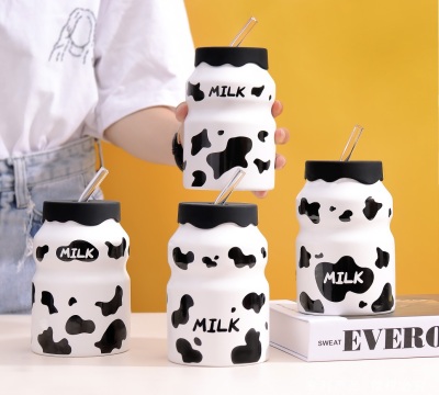 Cute Cartoon Cow Ceramic Cup Water Cup Mug Children's Straw Milk Cup Coffee Cup Gift Mug
