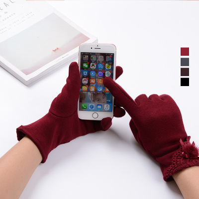 Spun Velvet Gloves Winter Fashion Lace Fur Ball Cycling and Driving Warm Cold-Resistant Windproof Touch Screen Gloves for Women