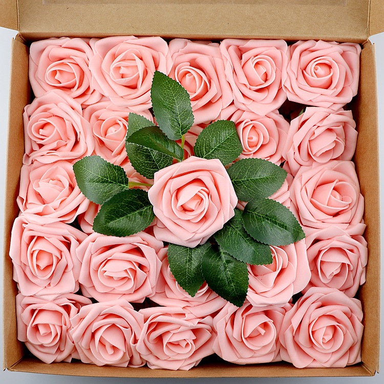 仿真花 礼盒pe玫瑰花 泡沫花假花带杆带叶25朵/盒装玫瑰 永生花