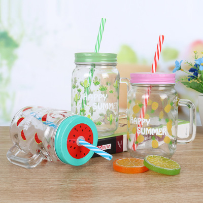 Cold Drink with Straw Coctail Glass Juice Cup Mason Cup Coffee Cup Printing Glass Water Cup with Lid Mason Cup