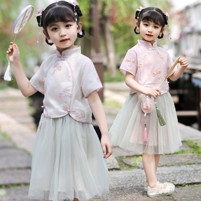 2021 Hanfu Children's Ancient Style Short Sleeve Pouch Pendant Skirt Suit Chinese Style Little Girl Tang Suit Girl Summer