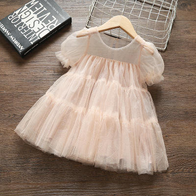 Solid Color Princess Mesh Dress Summer Korean Style Baby Girl Short Sleeve Skirt Fashionable Children's Clothing (One-Piece Starting Batch)
