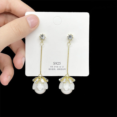 Beautiful Long Earrings Simple Zircon Flower Earrings Mori Style Pearl Tassel Wild Earrings