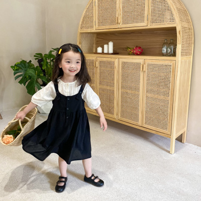 Aimo Beibei Girls White Shirt/Black Camisole Dress Two-Piece Set 2021 Summer Children's Fashionable Skirt Suit