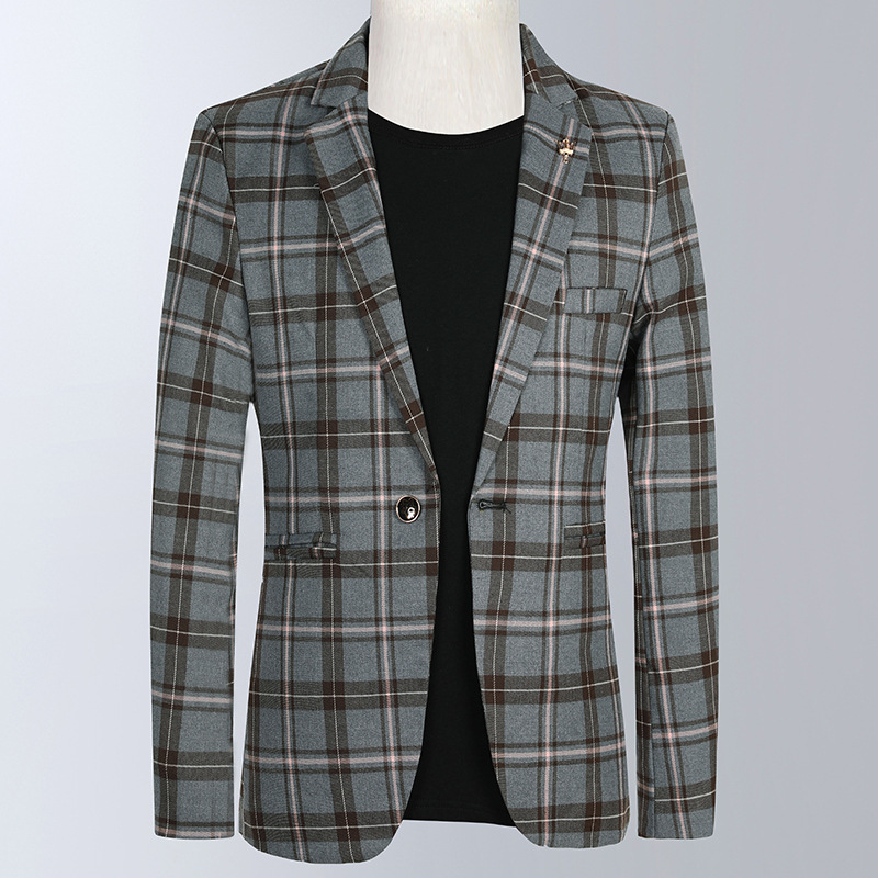 韩版男装修身格子西服新款青年潮流帅气个性痞单件小西装男士外套