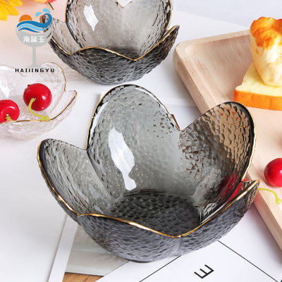 Haijing Jade Creative Japanese Style Golden Trim Salad Bowl Hammer Pattern Clear Glass Bowl Living Room Home Fruit Bowl Fruit Plate Tableware