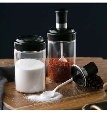 Glass Household Seasoning Jar Kitchen Seasoning Bottle Spoon and Lid Integrated Household Seasoning Bottles Oiler Set