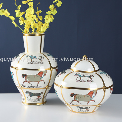  Factory Ceramic Crafts Creative Decoration Gold Platinum Horse Vase High-End Soft Home Decoration Flower Holder